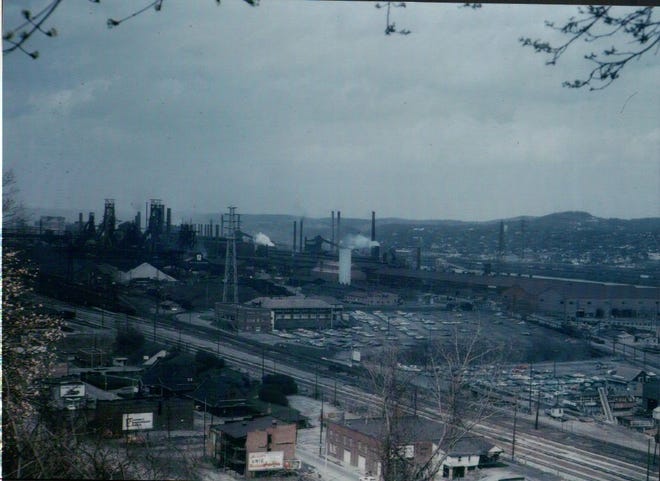 The north mills of Jones & Laughlin Corporation's sprawling Aliquippa Works as seen from the Plan 6 area of the city in 1960. Two of the blast furnaces and the J&L general office building can be seen.