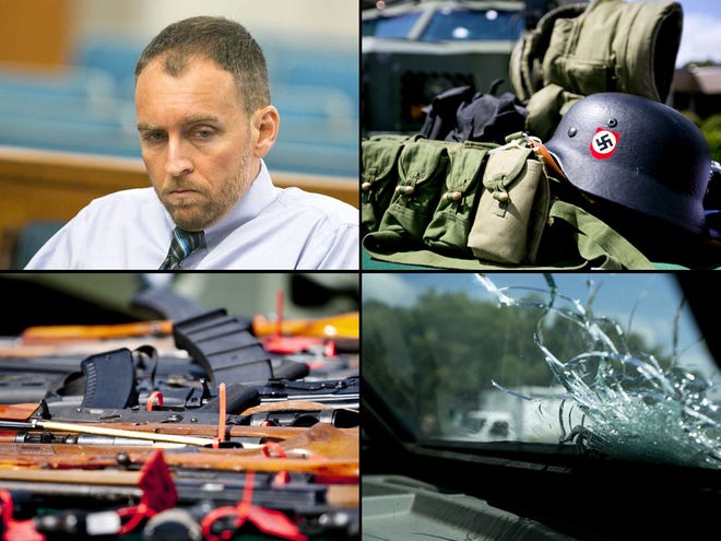 These images from the Dustin Heathman case show, clockwise from upper left, Heathman in court; military gear seized following a June 1, 2014 standoff with deputies; the damaged windshield of an armored sheriff's vehicle; and weapons seized from the home.