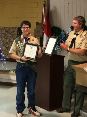 Cameron Ahokas, 15, of Middleboro, was recognized at the Troop 96 Boy Scout Court of Honor Friday after receiving a Presidential Service Award for his volunteer efforts at the All Are Welcome donation cafe and St. Vincent DePaul Food Pantry. Submitted