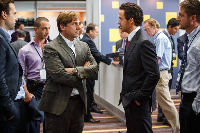 Rafe Spall (left), Jeremy Strong, Steve Carell, Ryan Gosling and Jeffry Griffin star in "The Big Short."