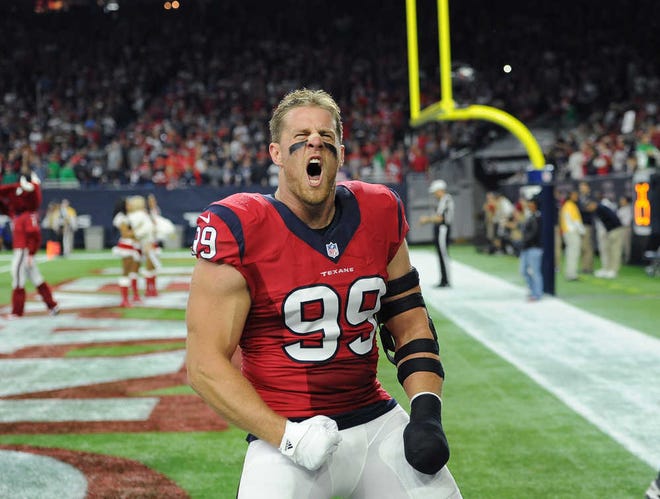FILE - In this Dec. 13, 2015, file photo, Houston Texans defensive end J.J. Watt (99) takes the field before an NFL football game against the New England Patriots, in Houston. The Texans play the Indianapolis Colts on Sunday. (AP Photo/George Bridges, File)