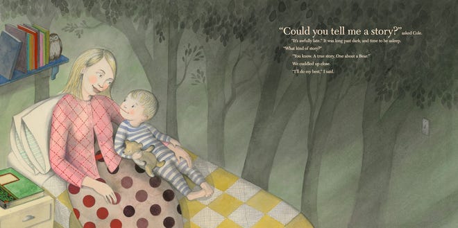 This is an image of an illustration depicting author Lindsay Mattick and her son Cole from the book "Finding Winnie." Author Lindsay Mattick's great-grandfather was on his way to fight in World War I when he bought a bear cub he named Winnie, inspiring author A.A. Milne to create the timeless character Winnie-the-Pooh. Now, Mattick has written a new children's book chronicling the real-life story behind the bear. (Sophie Blackall via AP)