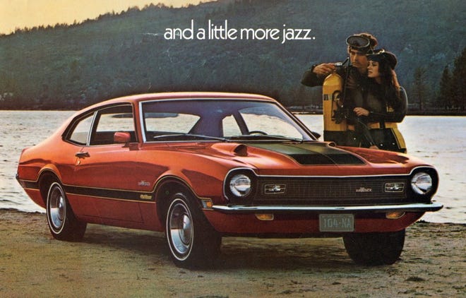 Introduced in 1969 as a 1970 model, Ford’s new Maverick sold nearly 600,000 cars its first year, all of them two-door sedans. A four-door did not appear until 1971 on a larger wheelbase. (Ford Motor Company)