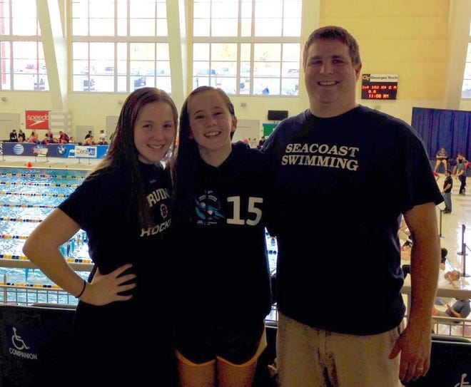 Seacoast Swimming Association athletes Sydnee Aubin, a junior at Oyster River High School, and Emma Whall, a sophomore at Berwick Academy, swam at the Speedo Junior National Championships at Georgia Tech University in Atlanta recently. Joining them was head coach Jared Felker. The girls swam in three relay events while Whall also competed in the 400 Individual Medley, 200 butterfly, 200 back, placing 32nd, 54th, and 65th respectively. Swimmers from around the country competed in the meet. Courtesy photo