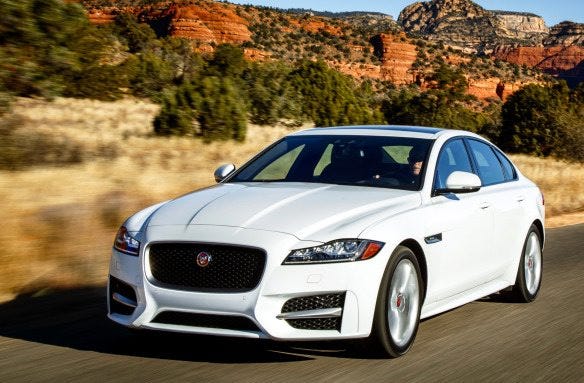 The XF is the mid-range, sweet-spot Jaguar, re-engineered for 2016 as a thoroughly contemporary sedan meant to apply new standards of efficiency, value and quality to the marque’s traditional refinement. (Jaguar)