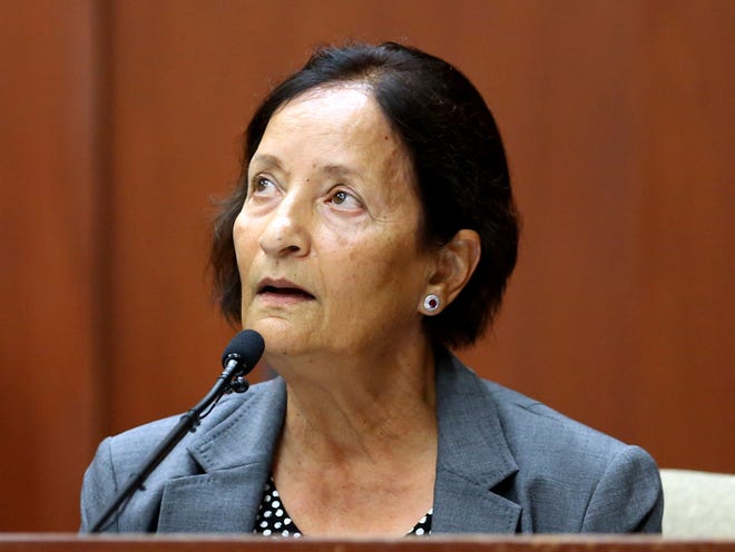 Jacksonville medical examiner Dr. Valerie Rao testifies for the state in the George Zimmerman trial in Seminole circuit court, Tuesday, July 2, 2013 in Sanford, Fla. Zimmerman has been charged with second-degree murder for the 2012 shooting death of Trayvon Martin. (AP Photo/Orlando Sentinel, Joe Burbank, Pool)