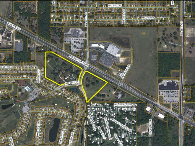 A map with satellite imagery showing the location on U.S. 27 of a proposed commercial development.