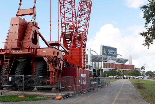 A large construction crane sits in the parking lot of Sun Life Stadium Tuesday, Dec. 29, 2015, in Miami Gardens Fla. Oklahoma is scheduled to play Clemson in the Orange Bowl NCAA college football game on New Year's Eve. (AP Photo/Joe Skipper)