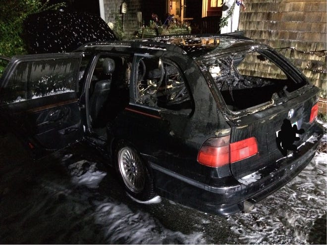 A photo of the aftermath of a car fire in Chatham.