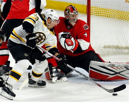 Boston Bruins' Brad Marchand (63) attempts to backhand a shot over Ottawa Senators goaltender Craig Anderson (41) during the third period of an NHL hockey game Sunday, Dec. 27, 2015, in Ottawa, Ontario. The Senators won 3-1. (Fred Chartrand/The Canadian Press via AP)