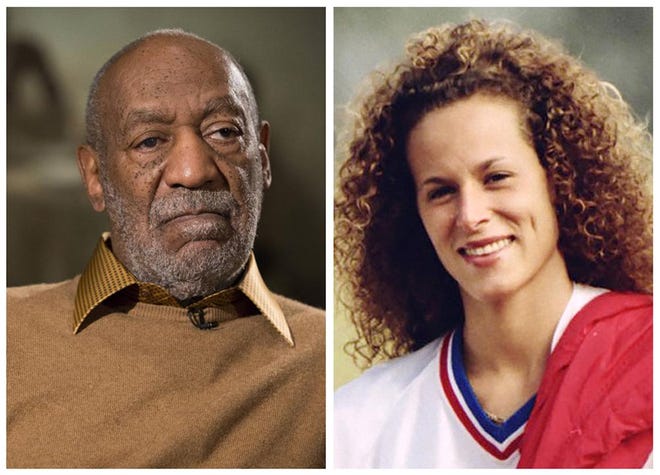 FILE - In this combination of file photos, entertainer Bill Cosby pauses during an interview in Washington on Nov. 6, 2014, and Andrea Constand poses for a photo in Toronto on Aug. 1, 1987. Cosby was charged Wednesday, Dec. 30, 2015, with drugging and sexually assaulting Constand at his home in January 2004. They are the first criminal charges brought against the comedian out of the torrent of allegations that destroyed his good-guy image as America's Dad. (AP Photo/Evan Vucci, left, and Ron Bull/The Toronto Star/The Canadian Press via AP, right) MANDATORY CREDIT; TORONTO OUT; NO SALES; NO MAGAZINES