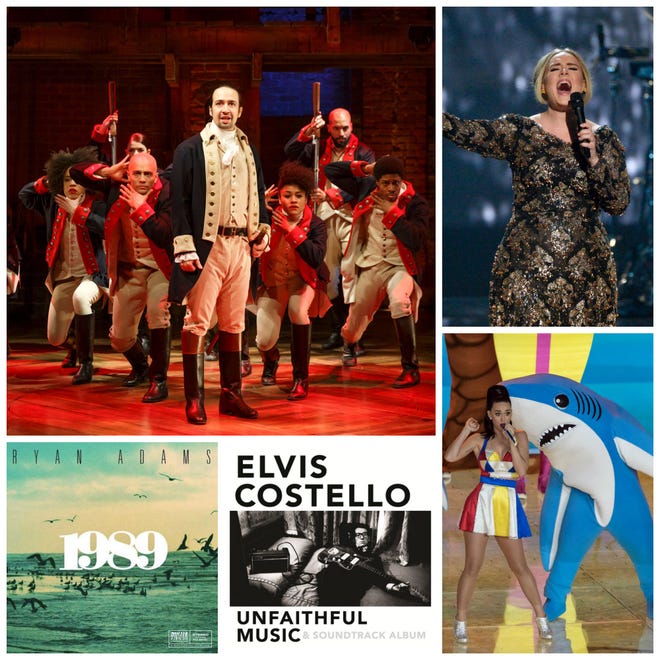 Notable music highlights from 2015 included the hip-hop “Hamilton;” Adele’s omnipresent “Hello;” Katy Perry’s sharks; Elvis Costello’s book soundtrack (not to mention the book); and Ryan Adams morphing into Taylor Swift. Photos: Joan Marcus/The Public Theater; Virginia Sherwood/NBC; Wikimedia Commons; Courtesy Photos.