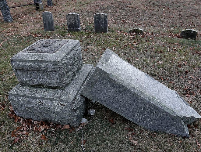 Gravestones and monuments were toppled and damaged at Pleasant Hill Cemetery in West Bridgewater from overnight vandalism on Friday, Jan. 1, 2016.