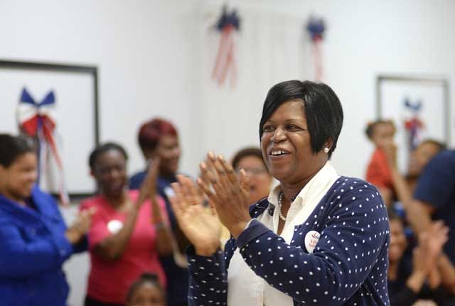 Felicia ‘Nikki’ Solomon celebrates the announcement of the first round of vote results at Temple of Deliverance Church in Kinston on Nov. 3, where she and her supporters held their election party. Solomon was the top vote-getter in the Kinston City Council election and her victory is the No. 1 story of The Free Press for 2015.