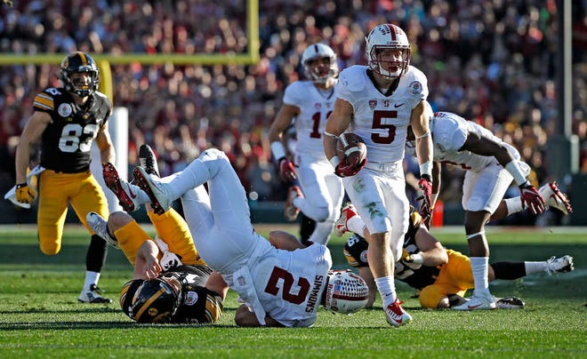 Stanford running back Christian McCaffrey, right, scores against Iowa during the first half of the Rose Bowl NCAA college football game, Friday, Jan. 1, 2016, in Pasadena, Calif. (AP Photo/Lenny Ignelzi)