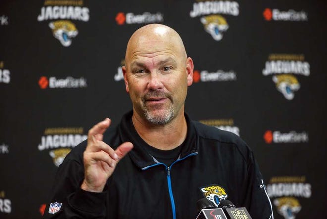 Jacksonville Jaguars head coach Gus Bradley hold a post game press conference after an NFL football game against the Atlanta Falcons, Sunday, Dec. 20, 2015, in Jacksonville, Fla. The Falcons defeated the Jaguars 23-17. (AP Photo/Stephen B. Morton)