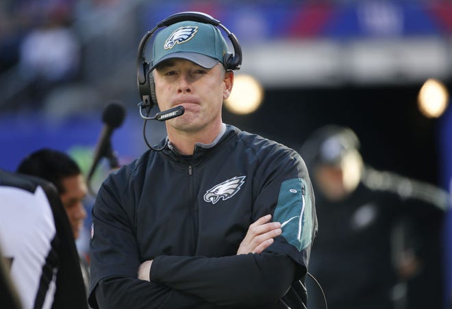 Eagles interim head coach Pat Shurmur watches play from the sidelines during a game against the New York Giants on Sunday, Jan. 3, 2016, in East Rutherford. The Eagles won 35-30.