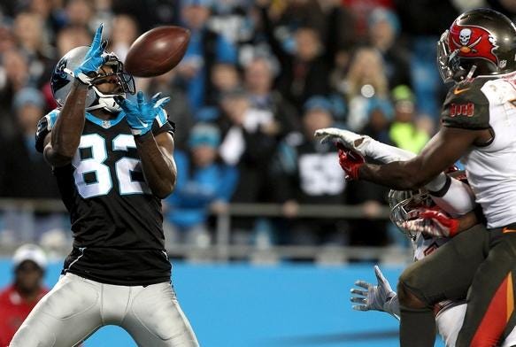 Jerricho Cotchery catches a pass in the endzone for a touchdown during the Carolina Panthers game against Tampa Bay Sunday at Bank of America Stadium.