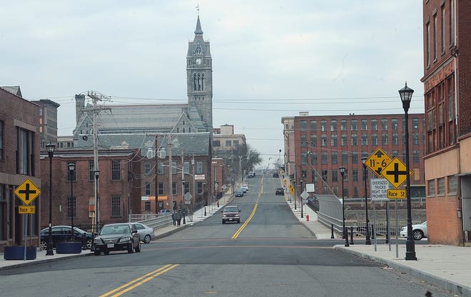 Looking up from the mill district toward the center of town and the city hall in Holyoke.