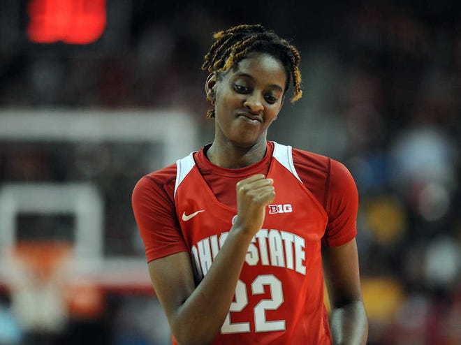 Ohio State's Alexa Hart reacts after Ohio State takes the lead against Maryland in the second half of an NCAA college basketball game, Saturday, Jan. 2, 2016, in College Park, Md. Ohio State won 80-71. (AP Photo/Gail Burton)