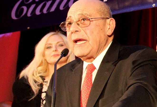 Vincent A. "Buddy" Cianci concedes the Providence mayoral race on Nov. 4, 2014. At left is Tara Marie Haywood, now his fiancee.