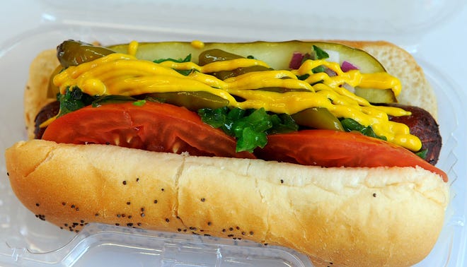 Just Jeff's Chicago-style hot dog made with a Vienna all Beef hot dog, two tomatoes, onions, relish, spirit peppers, mustard and celery salt