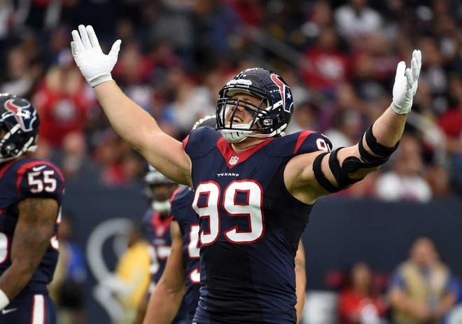 ADVANCE FOR WEEKEND EDITIONS, DEC. 5-6 - FILE - In this Nov. 29, 2015, file photo, Houston Texans defensive end J.J. Watt (99) riles up the crowd during the second quarter of an NFL football game in Houston. Despite leading the league in sacks and helping the Houston Texans to a four-game winning streak that has them in the thick of the playoff hunt, Watt hardly being mentioned as a contender for MVP. Maybe the star defensive end should be mentioned with quarterbacks Cam Newton and Tom Brady as a candidate for the award. (AP Photo/Eric Christian Smith, File)
