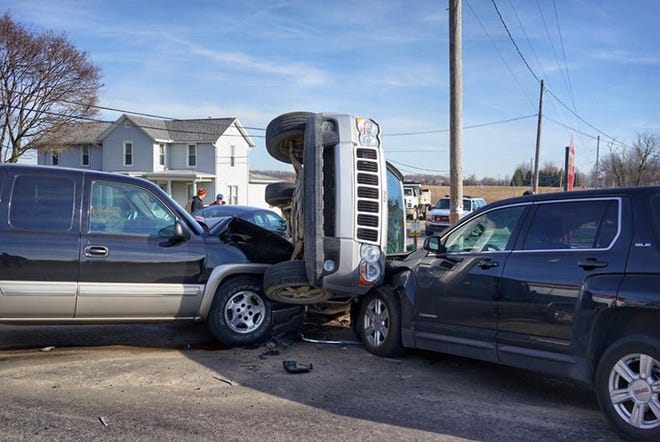 Police reported no injuries when three vehicles crashed at the corner of Hunt Road and Tipton Highway shortly after noon Wednesday.