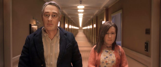 This photo provided by Paramount Pictures shows, David Thewlis voices Michael Stone, left, and Jennifer Jason Leigh voices Lisa Hesselman, in the animated stop-motion film, “Anomalisa,” by Paramount Pictures. The film opens in U.S. theaters in Jan. 2016. (Paramount Pictures via AP)