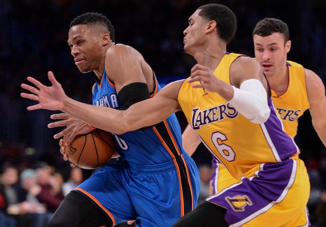 Oklahoma City Thunder guard Russell Westbrook (0) moves to the basket past Los Angeles Lakers guard Jordan Clarkson (6) during the second quarter at Staples Center in Los Angeles on Dec. 23, 2015. (Robert Hanashiro-USA TODAY Sports)