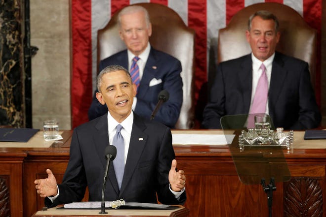 FILE - In this Jan. 20, 2015 file photo, President Barack Obama gives his State of the Union address before a joint session of Congress on Capitol Hill in Washington as Vice Presient Joe Biden and House Speaker John Boehner of Ohio listen. Out of time to push a new legislative agenda, a battle-hardened President Barack Obama will look straight past Congress and to the American people in his final State of the Union address, aiming to define his presidency and his legacy before others can do it for him.  (AP Photo/J. Scott Applewhite)