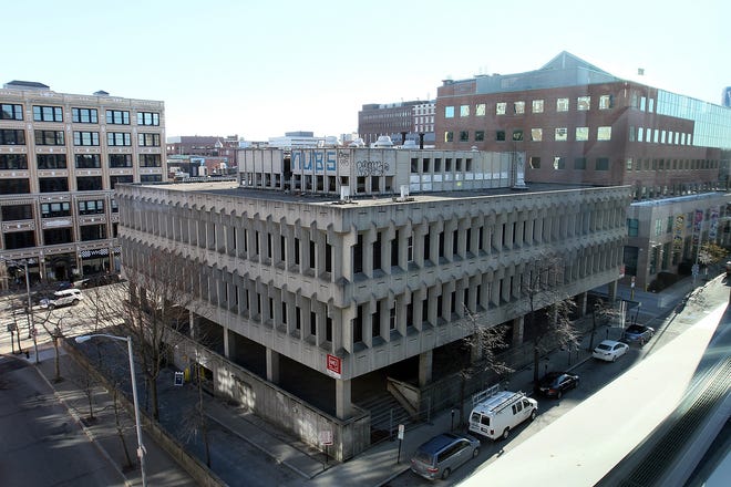 A view of the Fogarty building from the Rhode Island Convention Center. Some architects and city planners believe the Brutalist design doesn't mesh with other nearby buildings. The Providence Journal/Mary Murphy
