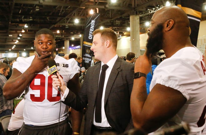 Greg McElroy interviews Alabama defensive linemen Jarran Reed (90) and A'Shawn Robinson (86) about beards during Media Day in the Phoenix Convention Center Saturday, January 9, 2016. Staff Photo | Gary Cosby Jr.