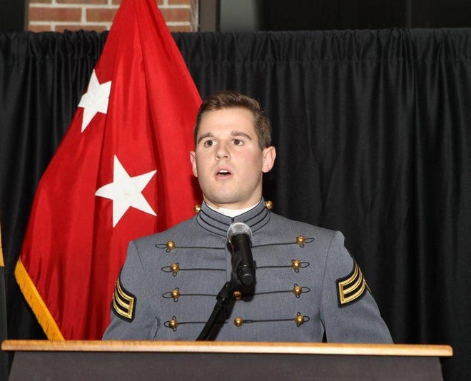Mike McFadden addresses the audience after he was named winner of the Chase Prasnicki Memorial Award at Army football's team banquet Saturday. Photo provided