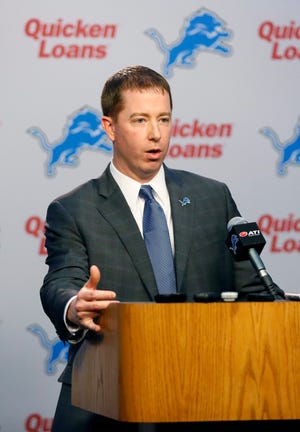 Detroit Lions general manager Bob Quinn answers reporters' questions after being introduced during a news conference Monday, Jan. 11, 2016, in Allen Park, Mich. (AP Photo/Duane Burleson)