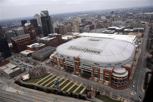 FILE - This is a Dec. 31, 2015, aerial photo showing the Edward Jones Dome in St. Louis. NFL owners meet Jan. 12-13 in Houston to decide if any of three teams _ the St. Louis Rams, San Diego Chargers and Oakland Raiders _ will be granted permission to move to suburban Los Angeles. The Rams' relocation application made available this week highlights the benefits of their proposed new stadium in Inglewood, California, and criticizes their current market in St. Louis.