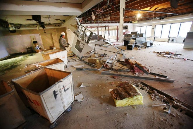 The gutted second floor of the Marshfield County Club clubhouse, which is undergoing an extensive renovation. The project got fully underway last week. The clubhouse is expected to reopen no later than May 1.