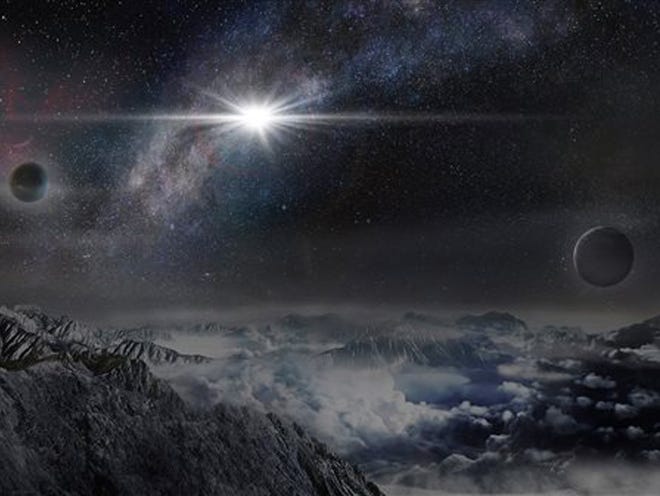 This image provided by The Kavli Foundation on Thursday, Jan. 14, 2016 shows an artist's impression of the superluminous supernova ASASSN-15lh as it would appear from an exoplanet located about 10,000 light-years away in the host galaxy of the supernova. On Thursday, astronomers announced the discovery of the brightest star explosion ever - easily outshining the entire Milky Way galaxy.