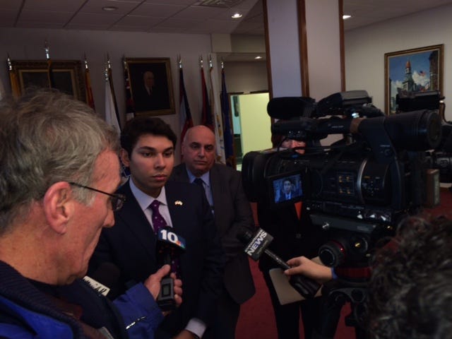 Fall River Mayor Jasiel Correia II speaks to the media after announcing the latest moves in his government reorganization.