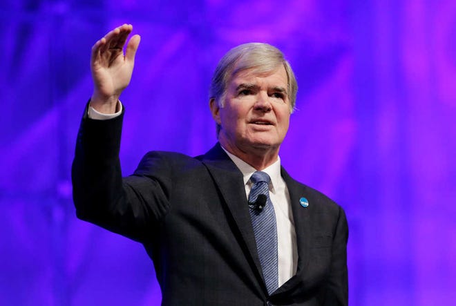 NCAA President Mark Emmert gives a state of the NCAA speech at the organization's convention Thursday, Jan. 14, 2016, in San Antonio. (AP Photo/Eric Gay)