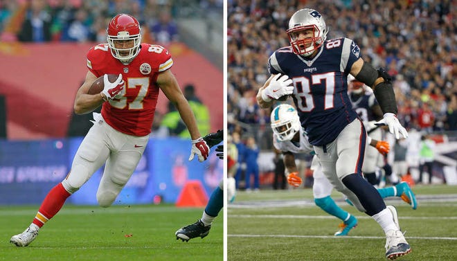 FILE - At left, in a Nov. 1, 2015, file photo, Kansas City Chiefs tight end Travis Kelce (87) run with the ball against the Detroit Lions, at Wembley Stadium in London. At right, in an Oct. 29, 2015, file photo, New England Patriots tight end Rob Gronkowski (87) rushes to the end zone for a touchdown in the first half an NFL football game against the Miami Dolphins, in Foxborough, Mass. The Patriots' Rob Gronkowski and Chiefs' Travis Kelce won't face each other on Saturday. Not exactly. But the two tight ends will have some bragging rights on the line as the best tight end in the game. (AP Photo/File)