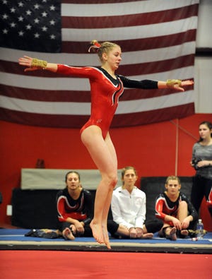 Barnstable's Hayley Myrbeck, shown performing her floor exercise against Falmouth/Mashpee earlier this week, finished third in the all-around at Saturday's competition at Bridgewater-Raynham High School. Ron Schloerb/Cape Cod Times File