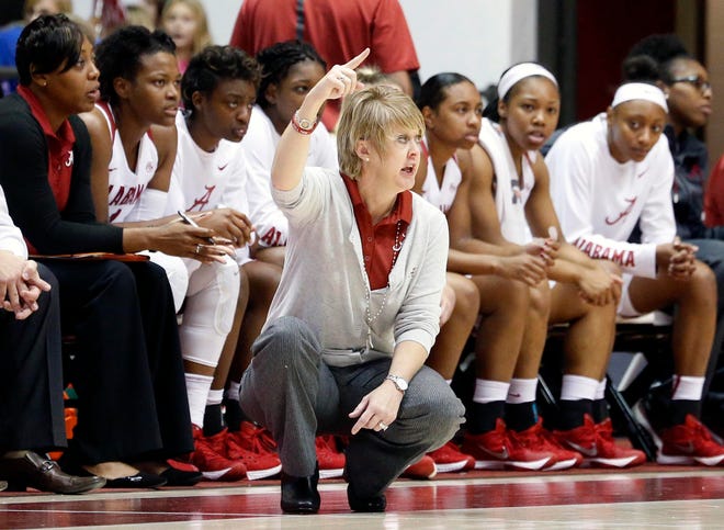 Alabama head coach Kristy Curry signals to players during a game against North Florida at Coleman Coliseum Monday, Dec. 14, 2015. staff photo | Michelle Lepianka Carter