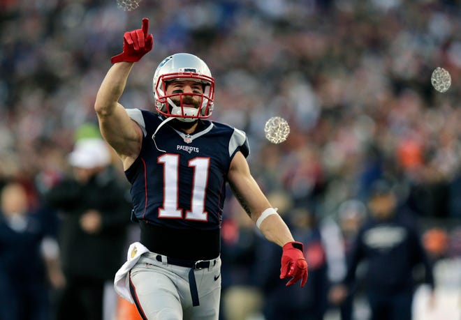 New England Patriots wide receiver Julian Edelman gestures during the AFC divisional playoff game against the Kansas City Chiefs on Saturday in Foxborough, Mass. The Patriots will play the Denver Broncos in the AFC championship next Sunday. Photo by AP