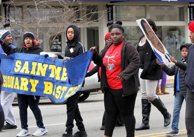 Jamie Mitchell • Times Record
Members of the St. James Missionary Baptist Church join the annual Martin Luther King Jr. parade Saturday, Jan. 16, 2016, along Garrison Avenue. 
 Jamie Mitchell • Times Record
The Northside High School marching band joins other entries for the annual Martin Luther King Jr. parade Saturday, Jan. 16, 2016, along Garrison Avenue. 
 Jamie Mitchell • Times Record
The Northside High School marching band joins other entries for the annual Martin Luther King Jr. parade Saturday, Jan. 16, 2016, along Garrison Avenue.