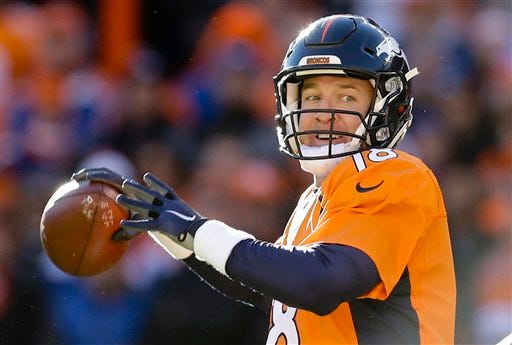 Denver Broncos quarterback Peyton Manning passes against the Pittsburgh Steelers during the first half in an NFL football divisional playoff game, Sunday, Jan. 17, 2016, in Denver. (AP Photo/Joe Mahoney)