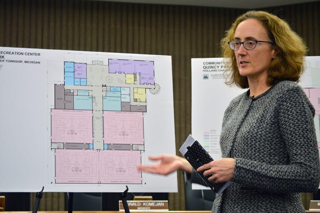 Kathleen Waters of M.C. Smith and Associates explains the proposed community recreation site plan for Holland Township on Tuesday. Erin Dietzer/Sentinel Staff