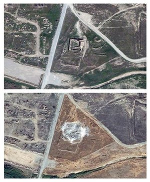 This combination of two satellite images provided by DigitalGlobe, taken on March 31, 2011, top, and Sept. 28, 2014, shows the site of the 1,400-year-old Christian monastery known as St. Elijah"™s, or Dair Mar Elia, on the outskirts of Mosul, Iraq. These satellite photos obtained by The Associated Press in January 2016 confirm what church leaders and Middle East preservationists had feared: The monastery has been reduced to a field of rubble, yet another victim of the Islamic State's relentless destruction. (DigitalGlobe via AP)