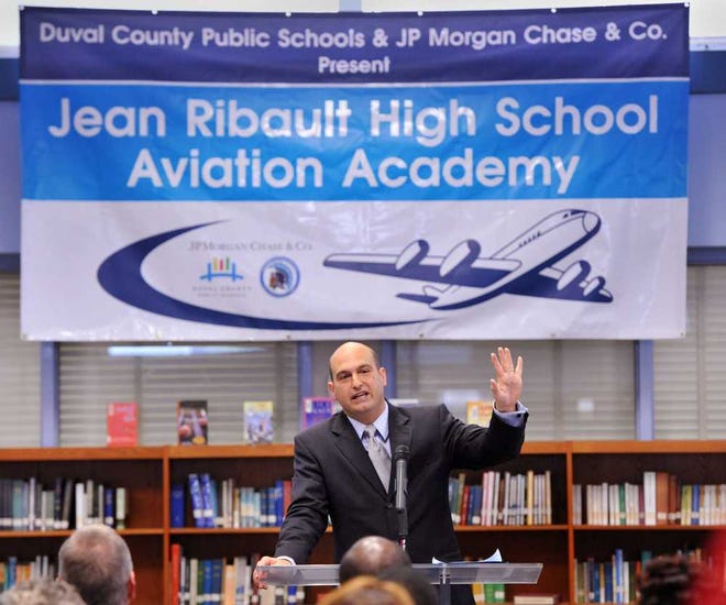 Will.Dickey@jacksonville.com--11/12/15--School superintendent Nikolai Vitti speaks during a press conference Thursday, November 12, 2015 at Ribault High School in Jacksonville, Florida. The school has received a $300,000 grant from JP Morgan Chase for an Aviation Academy that Charlton is building. (The Florida Times-Union, Will Dickey)