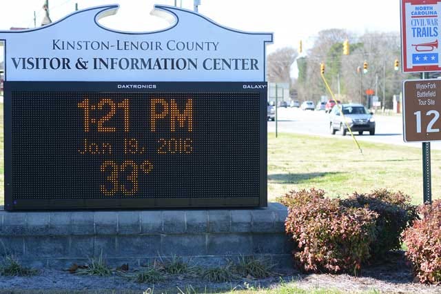 33 degrees registers on the Kinston-Lenoir County Visitor and Information Center digital sign Tuesday as forecasted winter temperatures are felt across Kinston.